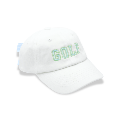 girls golf hat white with green stitched lettering and seersucker bow